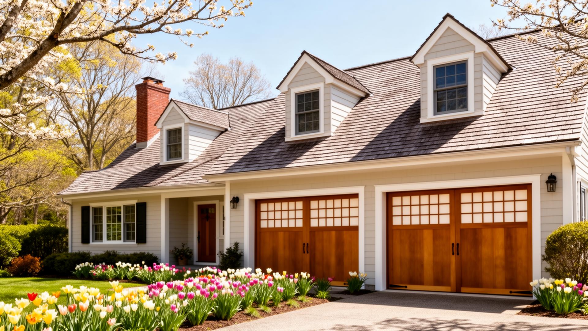 Beautiful Cape Cod home with Asian-inspired garage doors featuring shoji screen panels